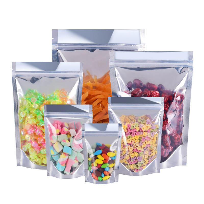 Silver Foil Mylar PE Bags with Clear Window Resealable Stand up Ziplock Pouch for Food Storage Smell Proof