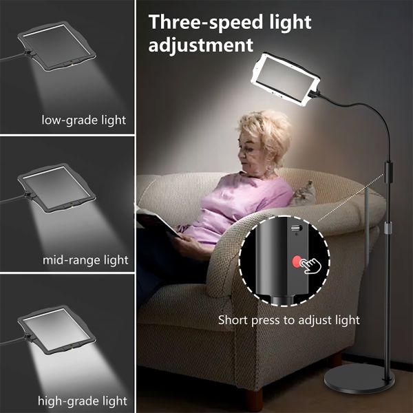 LED Magnifier Lamp with Floor Stand Featuring Infinite Adjustment of Light Brightness 360 Degree Rotation and Large HD Lens