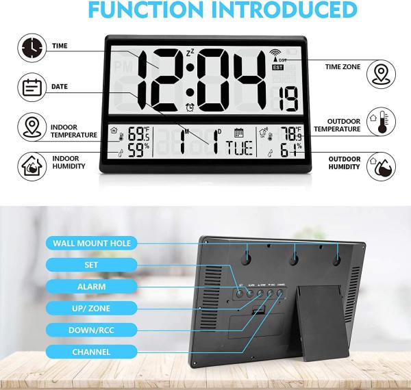 Modern Design Digital Wall Clock with Indoor and Outdoor Temperature Monitoring