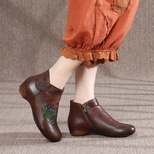 HZM035 Retro Embroidery Women'S Short Boots Autumn And Winter New Style Leather Retro Personality Women'S Shoes Soft Sol
