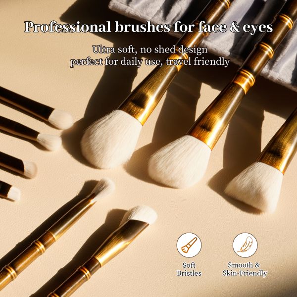 10Pcs Vintage Bamboo Bronze Makeup Brush Set with Electroplated Brushed Texture and Professional Configuration