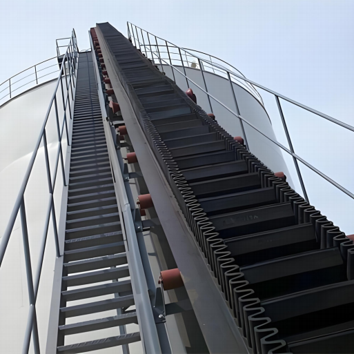 Cinturón transportador industrial con tablillas de alto ángulo