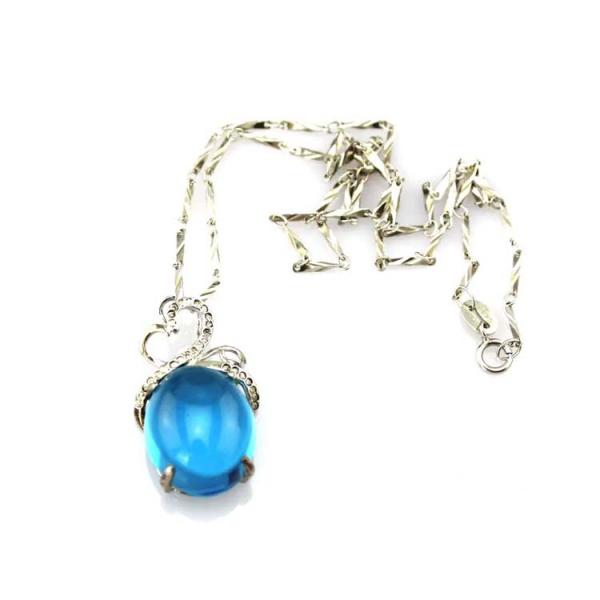 Sterling Silver Oval Created BlueTopaz Dome Cubic Zircon Gemstone Pendant  Silver Chain(PSJ0343)