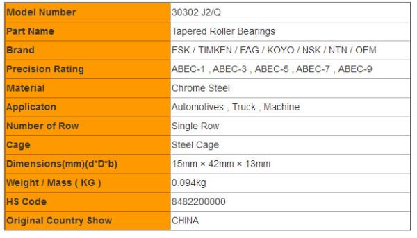Axial Load 30302 J2/Q Tapered Roller Bearings Cone Assembly And Cup