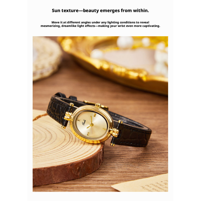 Vintage Women's Dress Watch – Sunburst Gold Dial Black Leather Strap