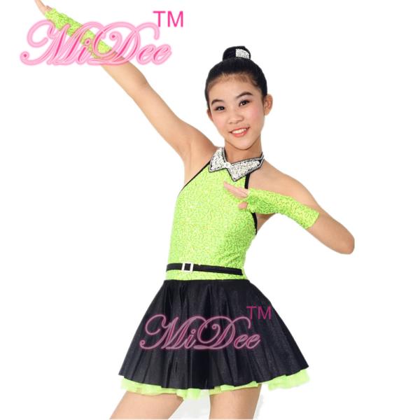 Fancy Girls Jazz Dance Dress Spandex Fabric Bodice With Rhinestones Chocker Collar
