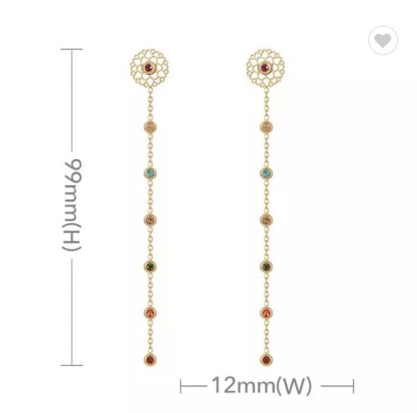 6cm Girls Stainless Steel Gold Earrings Long Dangle Colored Rhinestone Earrings
