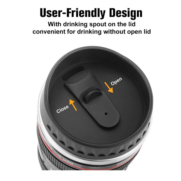 Creative Double Wall Stainless Steel 400ml Camera Lens Shape Coffee Mug Travel Bottle