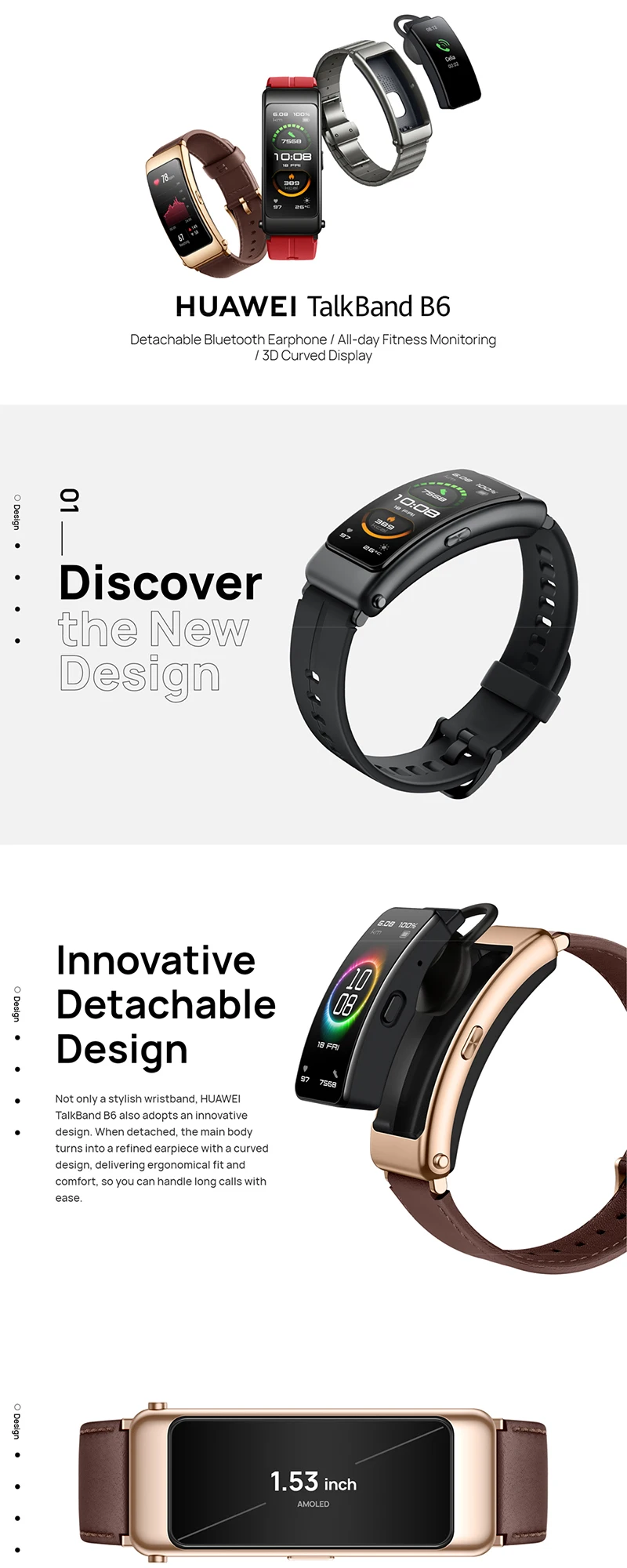 Reloj inteligente original HUAWEI B6 Headset con pantalla táctil Pulsera de pulsera deportiva Brazalete de 1,53 pulgadas Control de frecuencia cardíaca Sangre Control de oxígeno inteligente