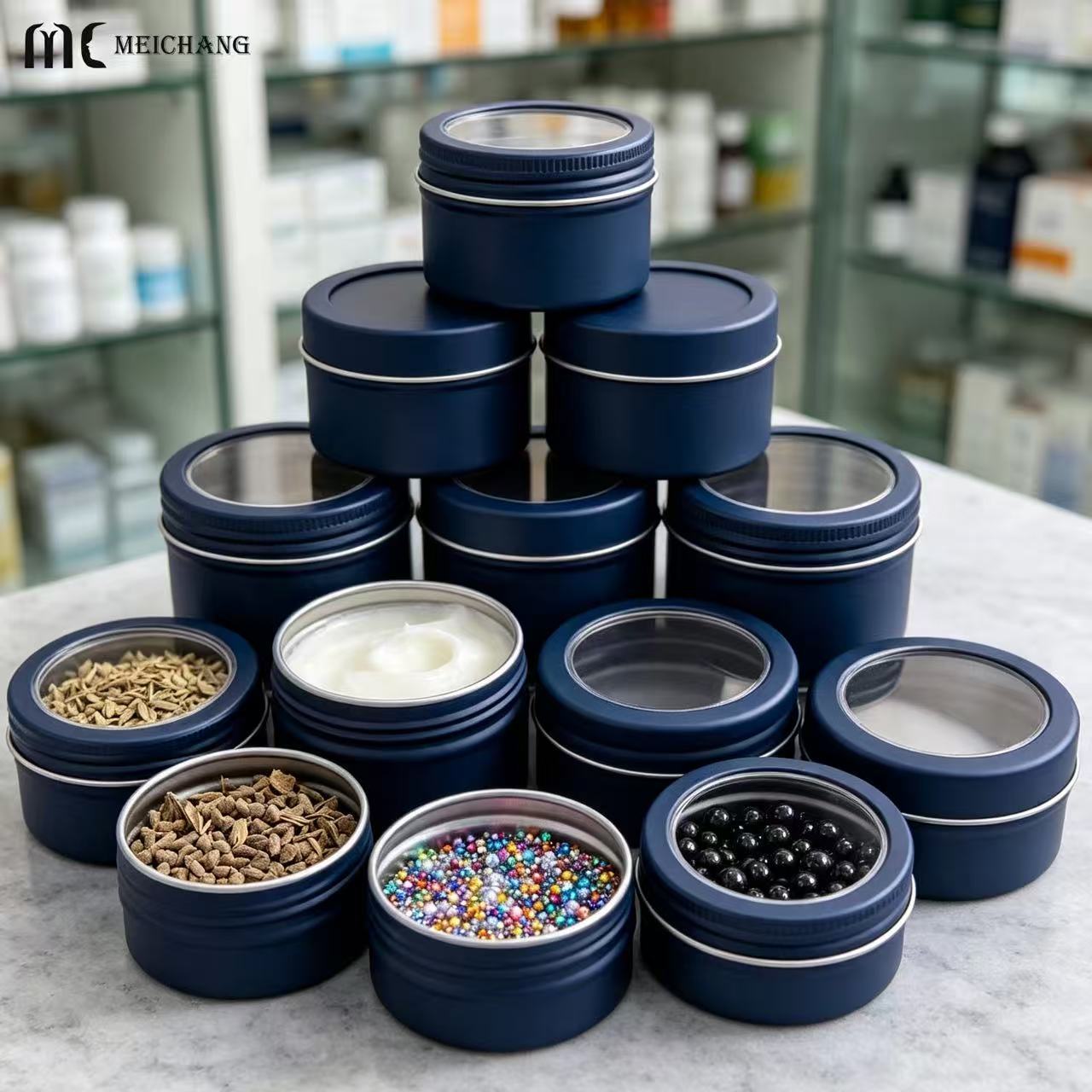 15ml–150ml Round Aluminum Screw Top Tin Jar with Clear PVC Window Lid (MC-809）