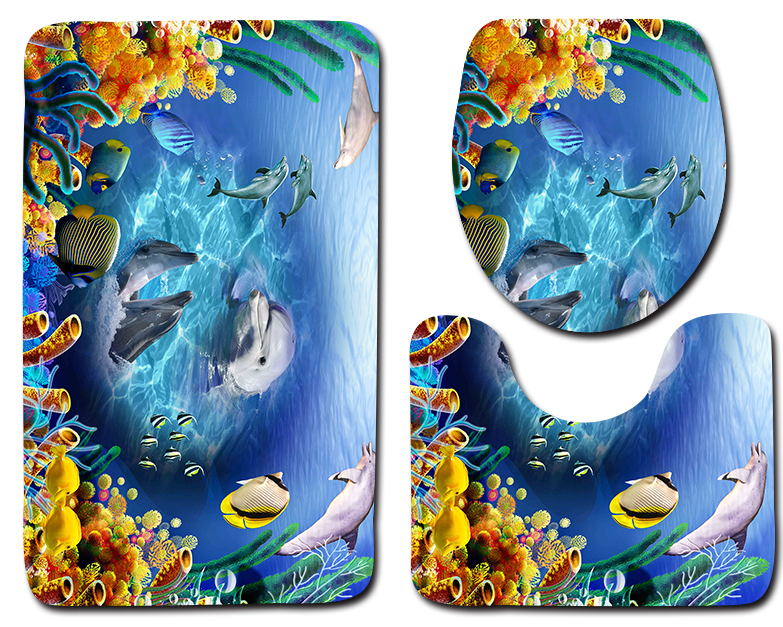 Dolphin Beach Toilet Seat Cushion Anti Skip Toilet Tank Cover Set