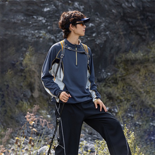 ODM OEM Mountain Run Top Anti-static Warm Antibacterial Color Block Stand Collar Long Sleeve Top