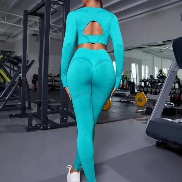                  Workout Outfit Sports Wear Push up Yoga Suits Women Long Sleeves Scrunch Leggings Yoga Set Gym Fitness Set Run Clothes Tracksuit             