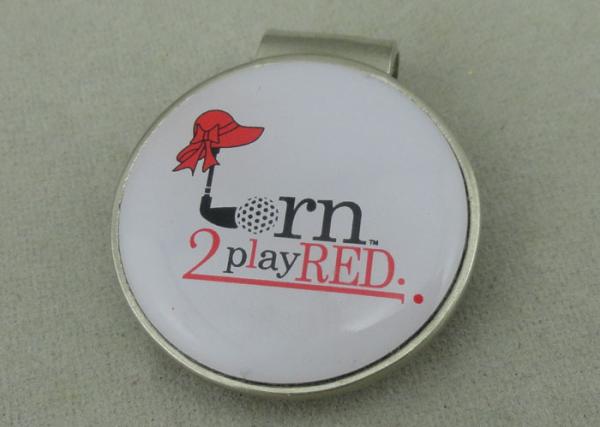 Brass Golf Cap Souvenir Badges , Epoxy And Clip Die Stamped Silver Badge