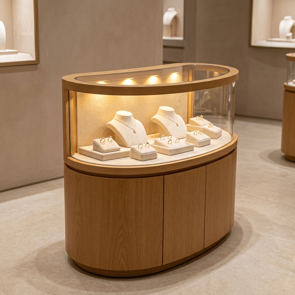 Curved Wooden Jewelry Island Counter with Glass Display Cabinets and LED Lighting