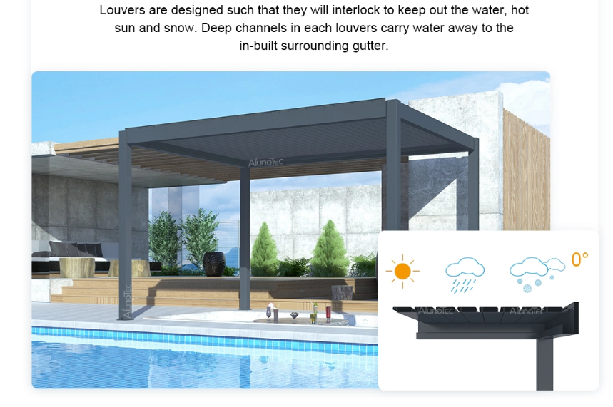Электрический наружный дождевой экран Слат Слат Садовый навес Покрытый порошком беседка