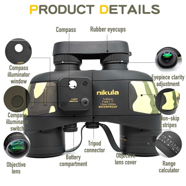 военные морские бинокли 7x50 с компасом дальномера