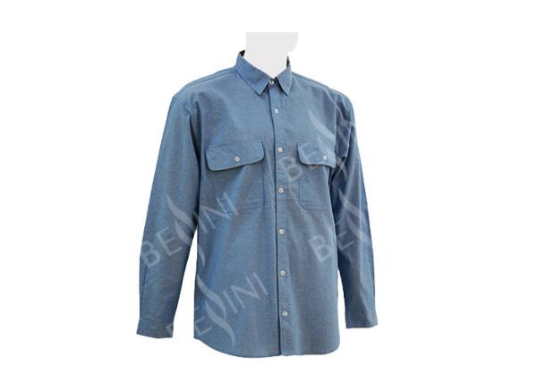 Men's 100%Cotton Chambray Blue Work Shirt Long Sleeve Chest Pockets Detailed Sleeve Band