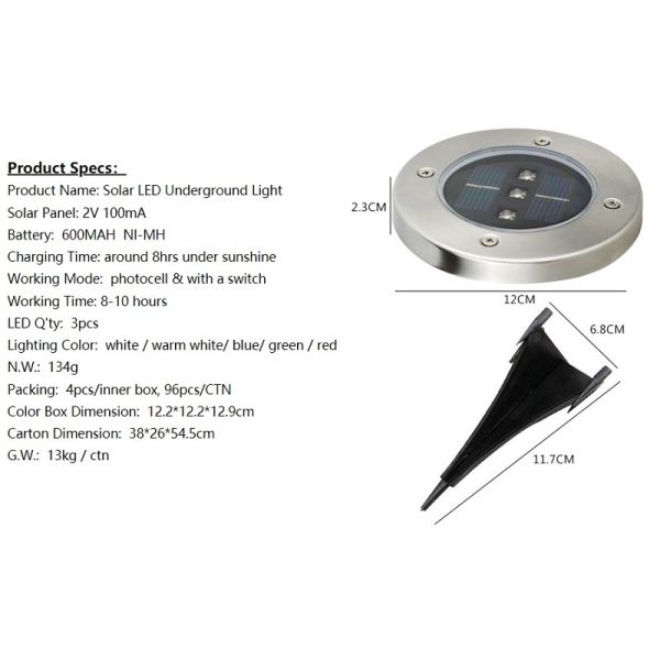 Round 5W Solar Power LED Underground Light LED Garden Light White Warm White RGB color