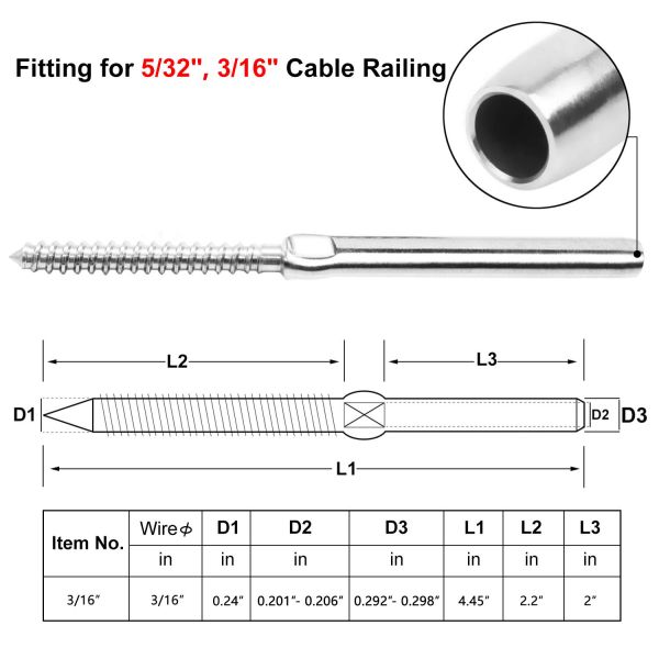 T316 Stainless Steel Cable Railing Hardware with 3/16-inch Stainless Steel Cables and Waterproof Swage Stud Terminal
