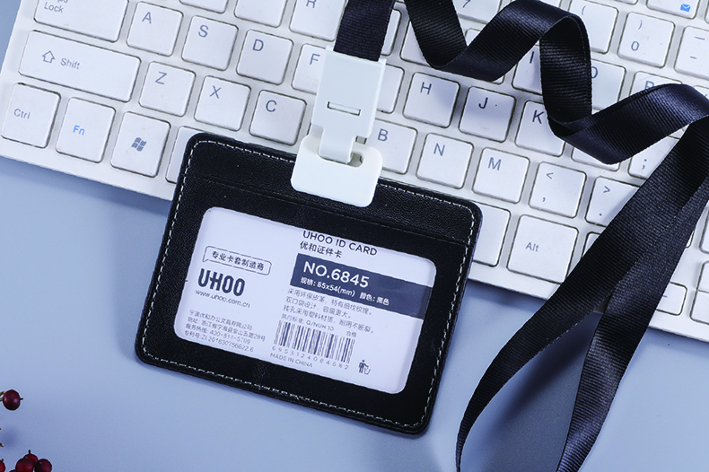 Custom Logo PU Leather Badge Holder – Dual Card Slot, POM Patent Hanger, Office & Bank