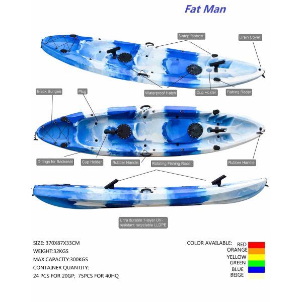 LLDPE Double Recreational Touring Kayak , Two Person Fishing Open Water Kayak Large Cockpit