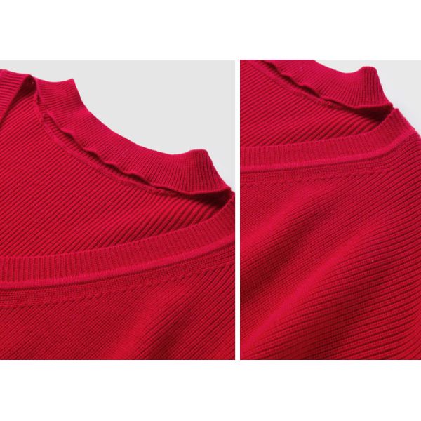 Hollow V Neck Choker Womens Knit Pullover Sweater Red Acrylic Wool Red Jumper