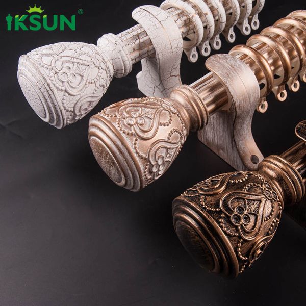 Antique Style Double Curtain Pole Set , Adjustable Double Curtain Rod White Wood Grain