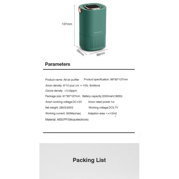 Homefish H13 фильтр рабочий стол Автомобильный очиститель воздуха отрицательный ион 8 миллионов штук/см3