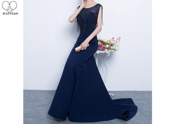 Long Tail Navy Blue Evening Gown Shoulder Beads Tassels Stretch Mermaid Shape