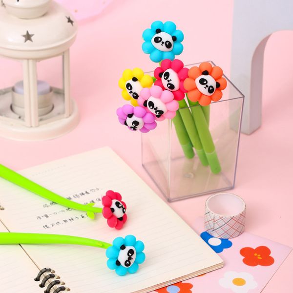 Plumas de flor Panda Plumas de forma de bola rosa Plumas creativas líquidas negras de 0,5 mm Tinta de gel Plumas de pelota para niñas Mujeres, artículos de oficina y decoración escolar