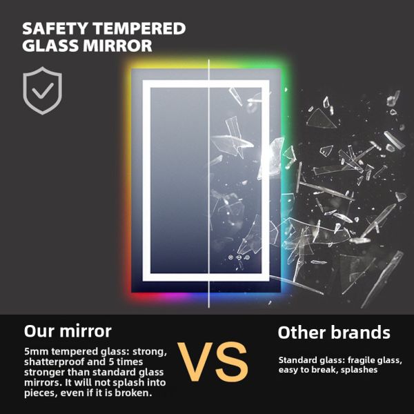 Kingstin Frameless LED Bathroom Mirror with RGB Backlight, Anti-Fog Wall Mounted Smart Vanity Mirror with Touch Control