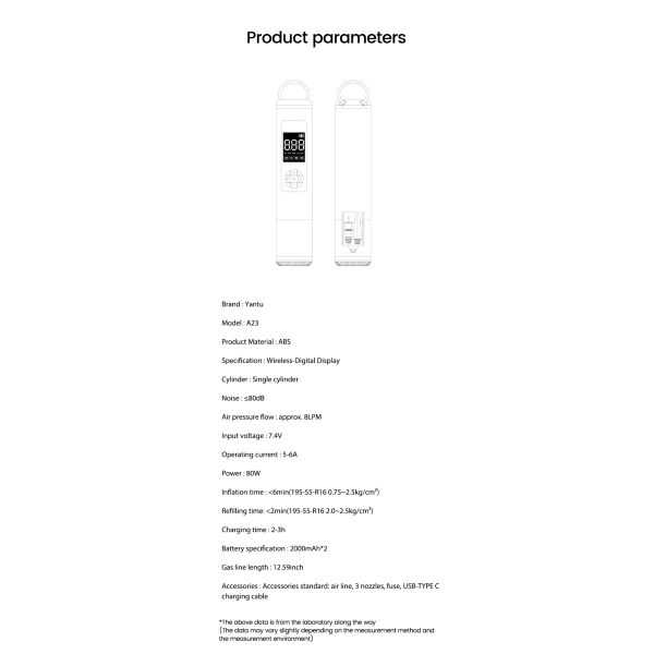 YANTU A23 Portable Wireless Rechargeable Tire Inflator 12V Electric Automatic Silent