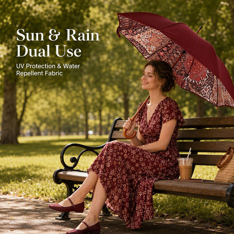 Regal Lady 46-inch Double-Layer Umbrella with Solid Wood Shaft and UV-Resistant Fabric