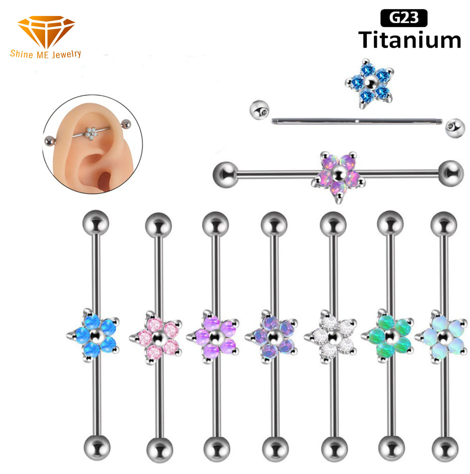 F136 Titanium Barbell Earbone Nails Zircon Flower Ear Bridge Double Earhole Earrings TB0328
