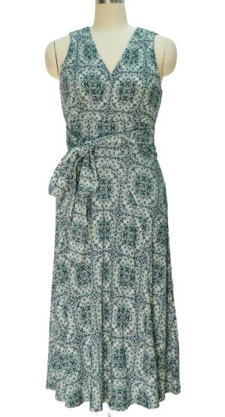 Teal Medallion Print Sleeveless Wrap Midi Dress with Lightweight Soft Fabric
