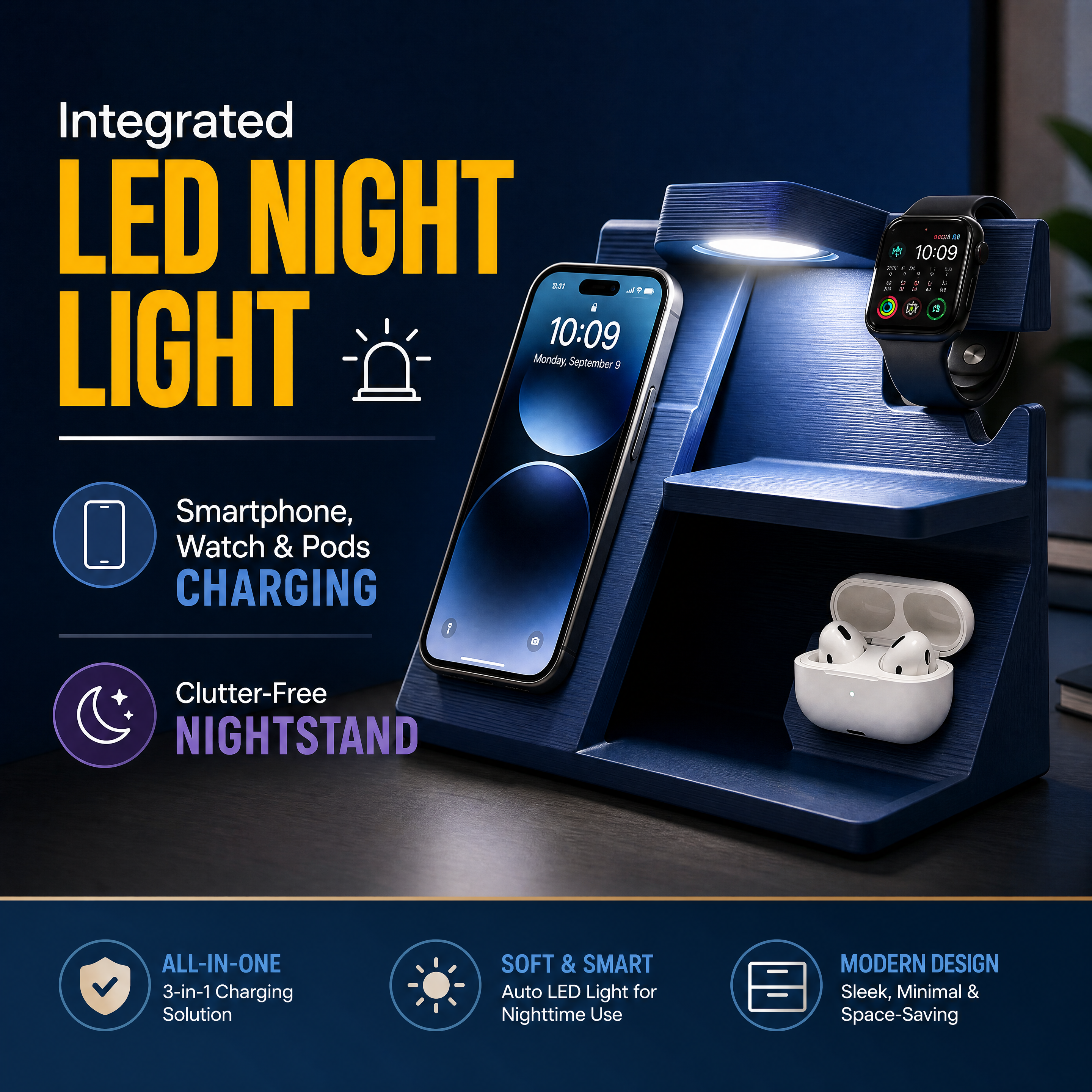 LED Night Light Charging Station 3 In 1 Organizer Bedroom 3d Printing Products To Sell
