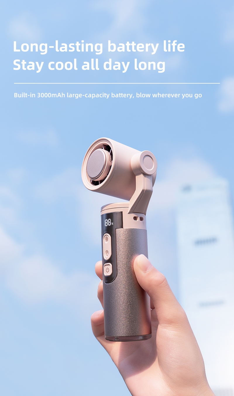 Factory OEM ODM Gimbal Handheld Fan Built-in 3000mAh 21700 Lithium Cell Semiconductor Ice Cooling Fan with LED Flashlight