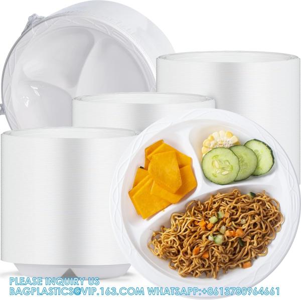 White Plastic Plates, 9 Inch 3 Compartments 150 Pack Food Grade Material BPA Free Reusable Dinner Plates