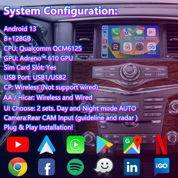 Lsailt 8 Inch Android Carplay Screen for Nissan Patrol Y62 Pathfinder 2011-2017 With Wireless Android Auto