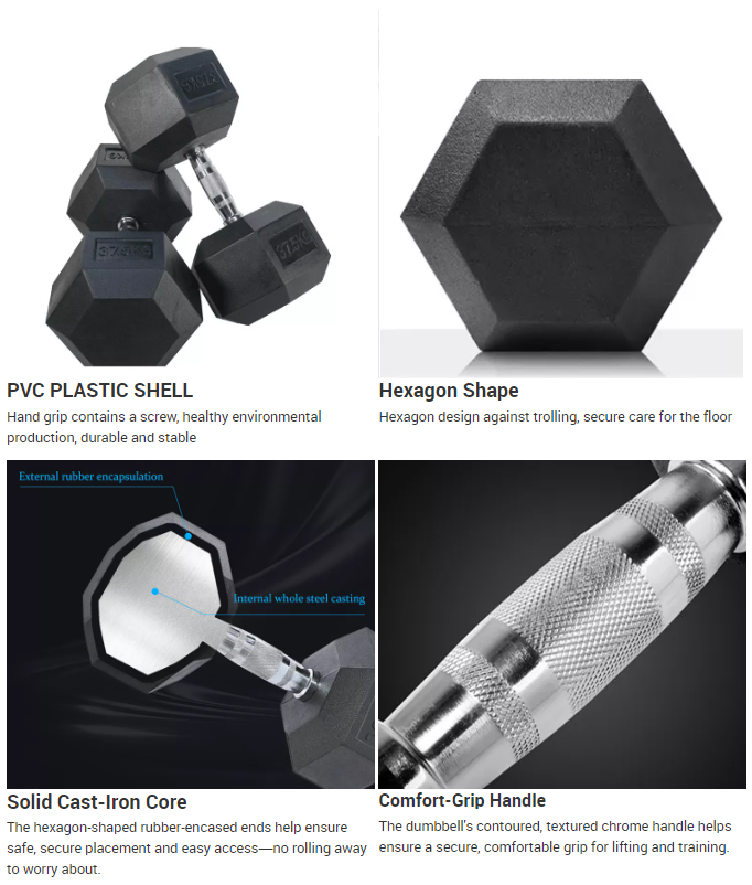 Customized LOGO Men Women Rubber Hex Dumbbell 2.5kg 12.5kg 22.5kg