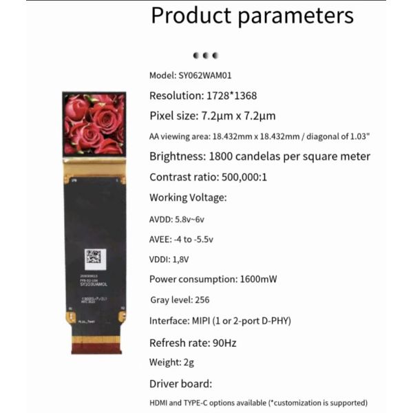 0.62 Inch 4k Micro Oled Display 1728*1368 Industrial Grade Vibration Resistant