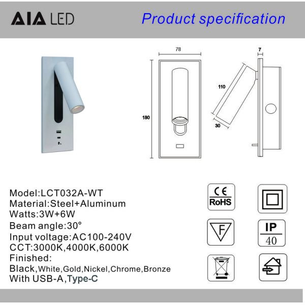 Adjustable recessed flexible LED headboard reading lamp USB aluminum hotel villa bedside wall light bed wall lighting