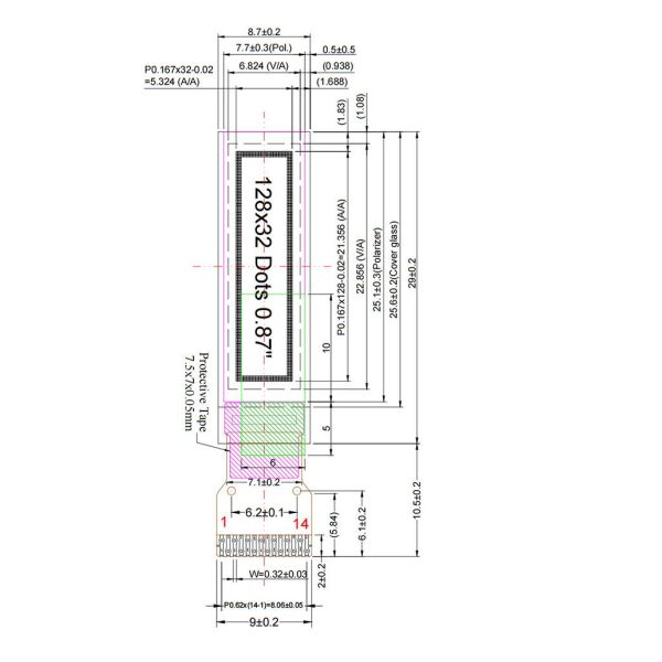 0.87 Inch PMOLED Display,  128x32 14 Pins I2C Interface,  Driving IC SSD1316