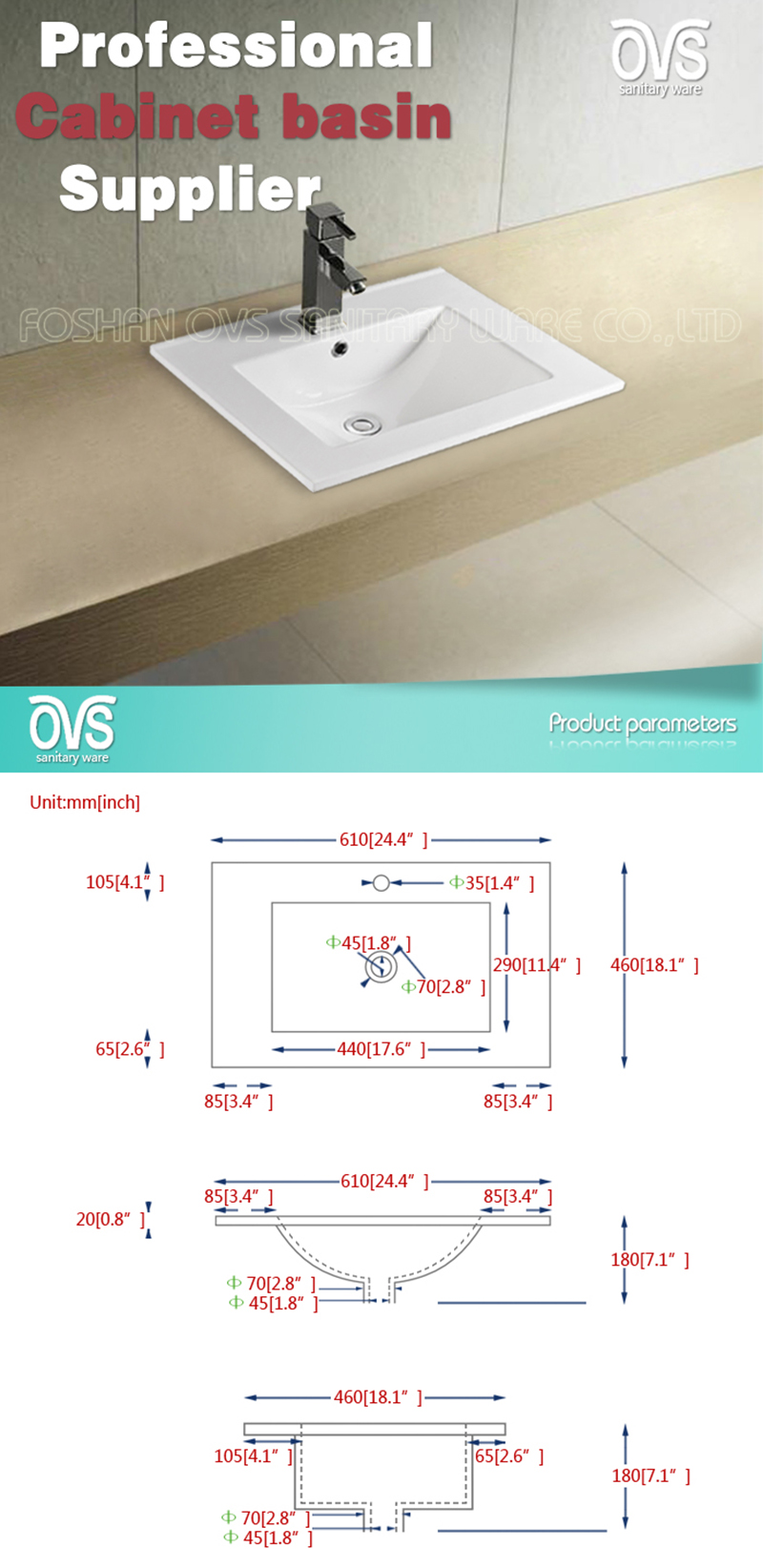 Падение в собственной личности снабжая ободком белизну раковины Bathroom Overmount прямоугольную с переполнением