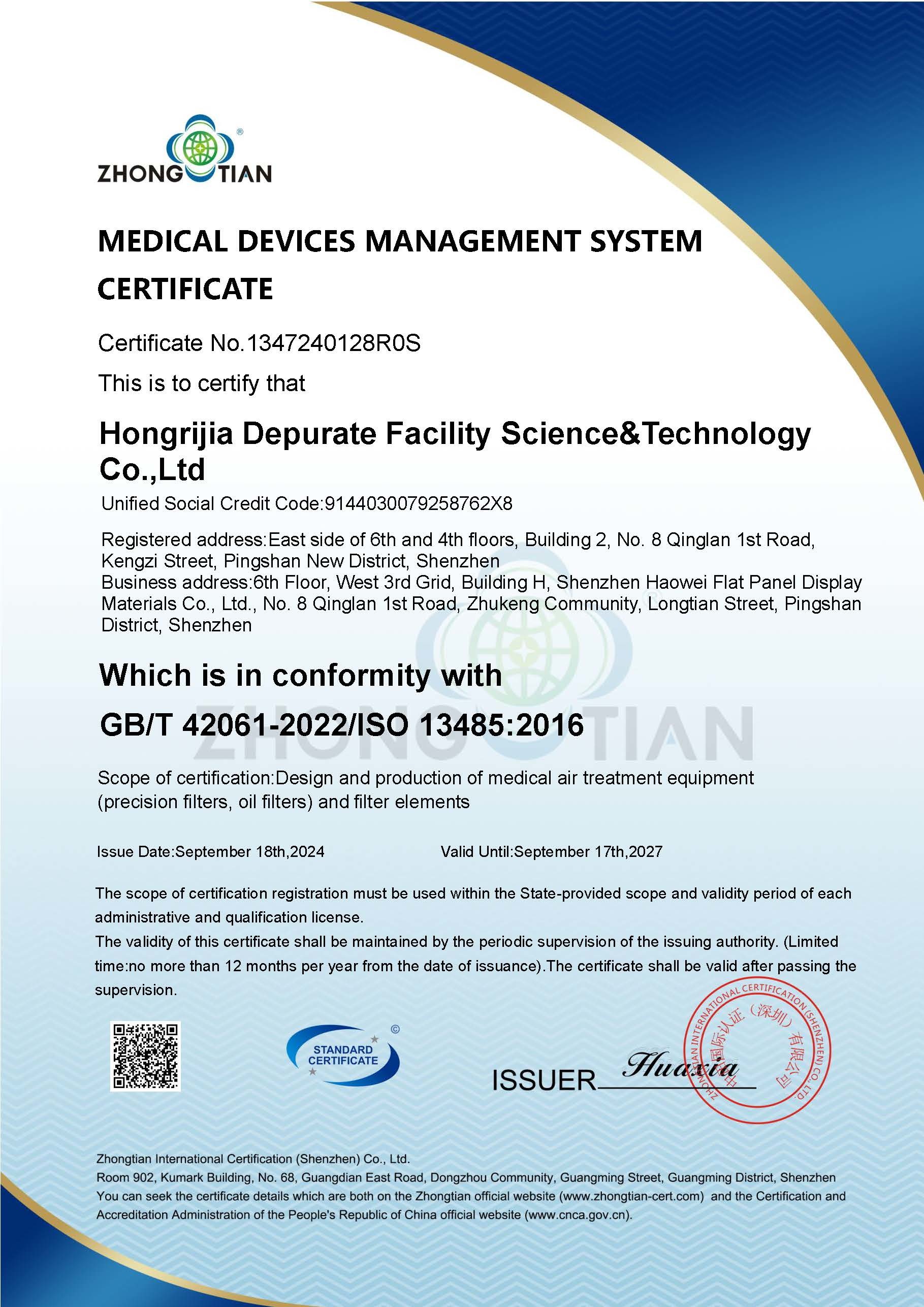 Hongrijia Depurate Facility Science & Technology Co., Ltd. Сертификации