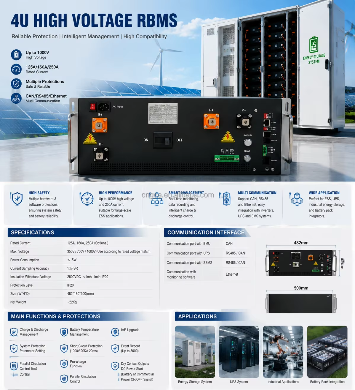 GCE 5U HV BMS 45S 400A 144V China BMS High-voltage BMS manufacturer Custom high voltage cluster BMS solution