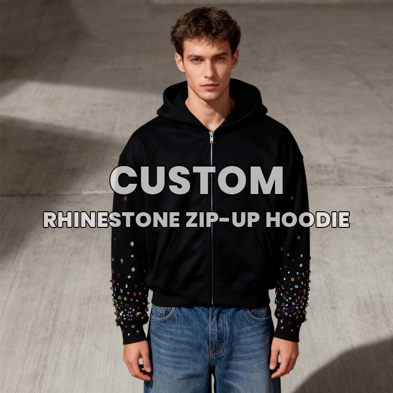 Men’s 450-500GSM Heavyweight Black Zip-Up Hoodie | Multicolor Rhinestone Embellished Sleeves | Oversized Streetwear