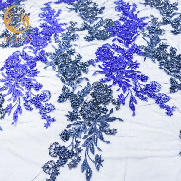 Royal Blue Beaded Lace Fabric 80% Nylon Water Soluble 140cm Width For Kids Dress