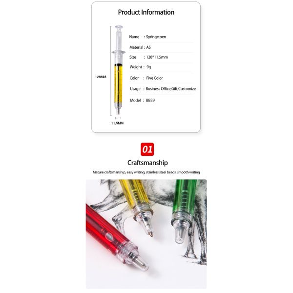 Plume à bille créative en forme de seringue Plume à bille en plastique colorée remplie d'huile